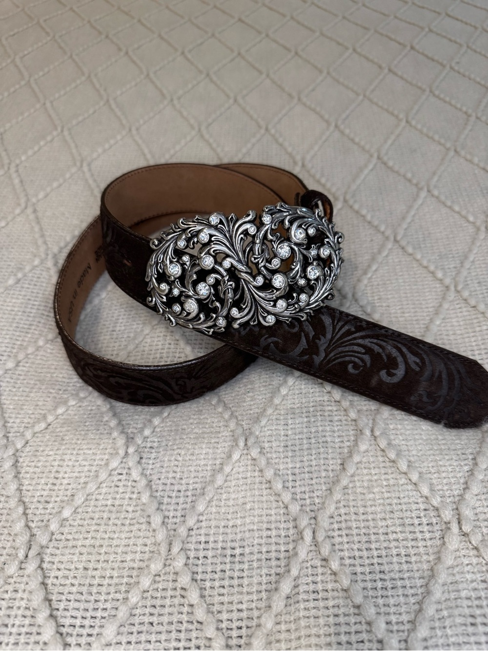 Justin C20898 Western Belt 34 Top Grain Leather Velvet Vine Rhinestone Buckle